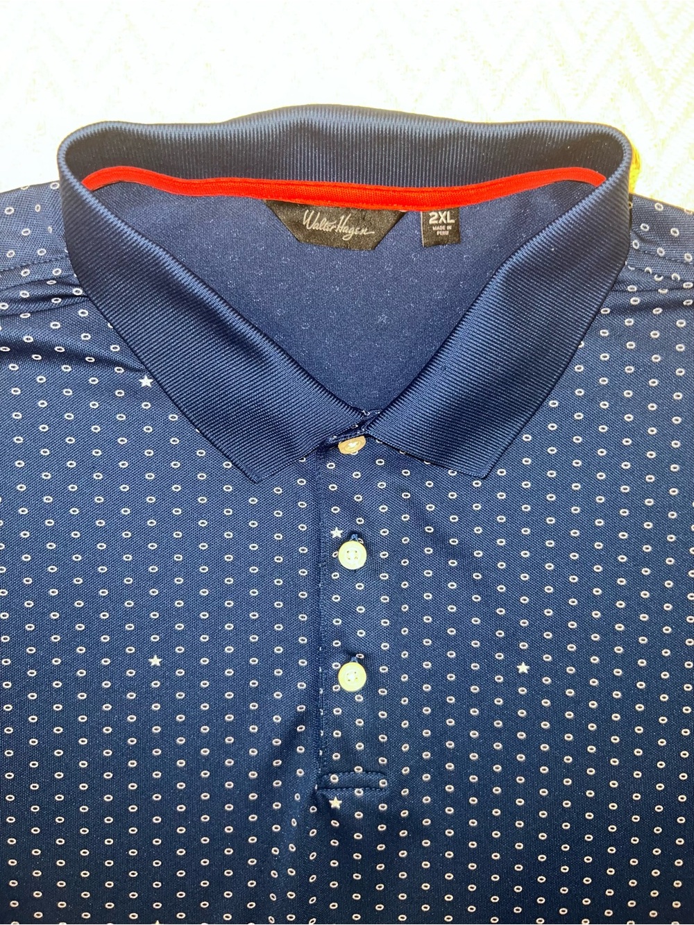 Walter Hagen Navy Polo with White Dot Pattern and Red Collar Trim